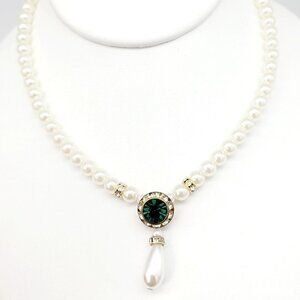 Vintage Faux Pearl Choker Necklace Green Rhinestone Drop Dangle Focal Gold Tone